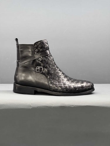 Men Woven Jodhpur's Leather Boots